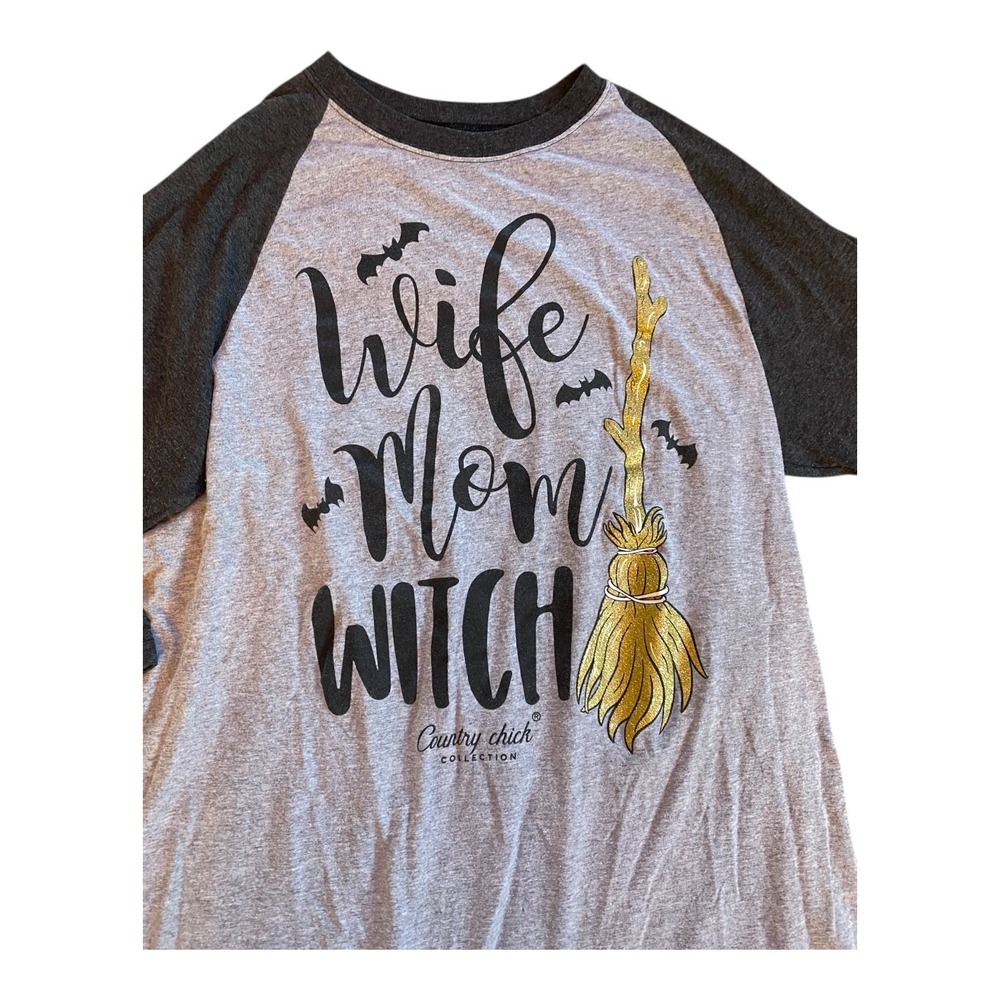 Country Chick Wife Mom Witch Raglan Shirt Womens Medium Gray Gold Broom Graphic - Picture 4 of 8